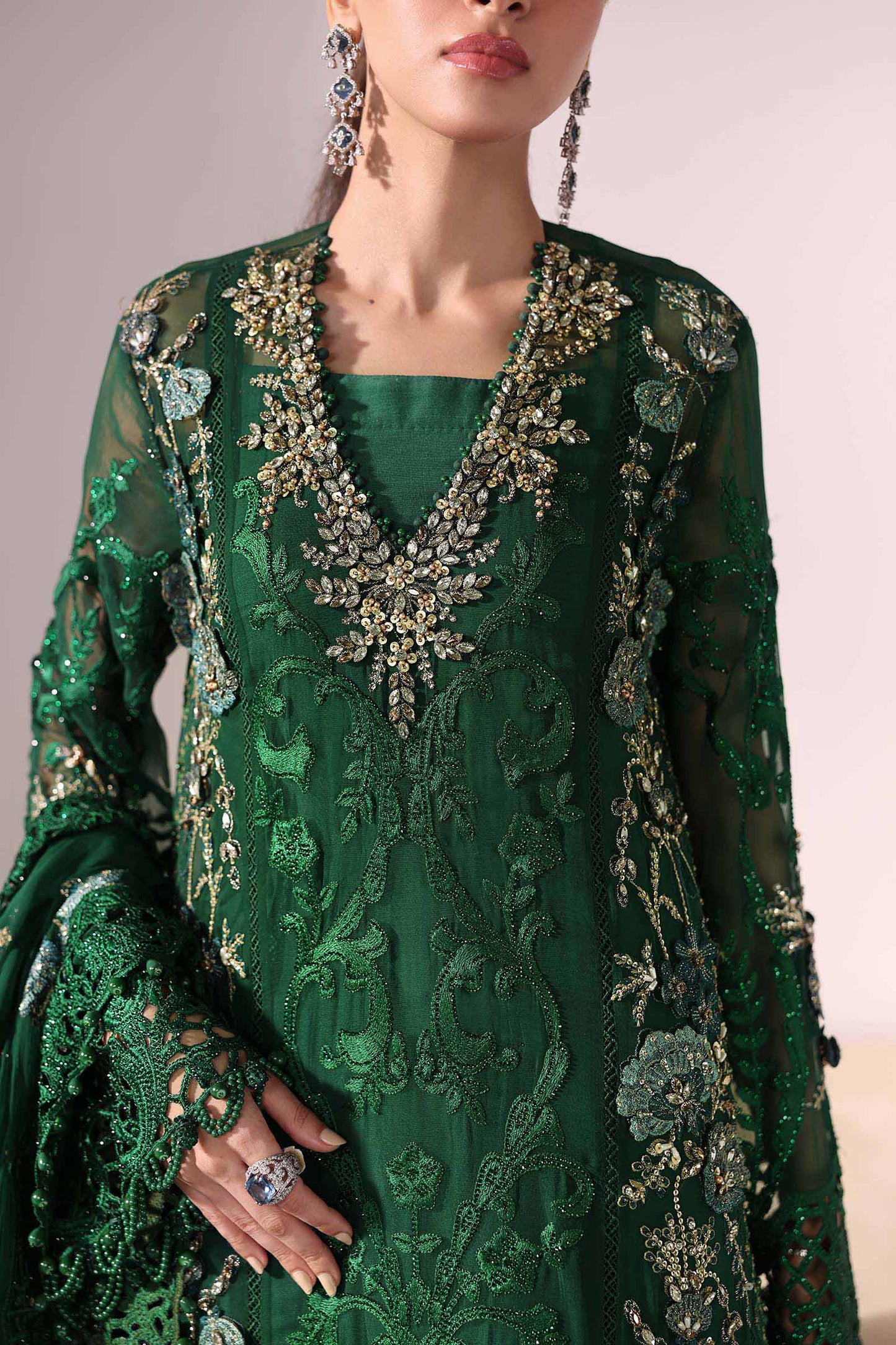 Maria B | Mbroidered 2025 | BD-3008 L Emerald Green Open Long Shirt with Lehnga