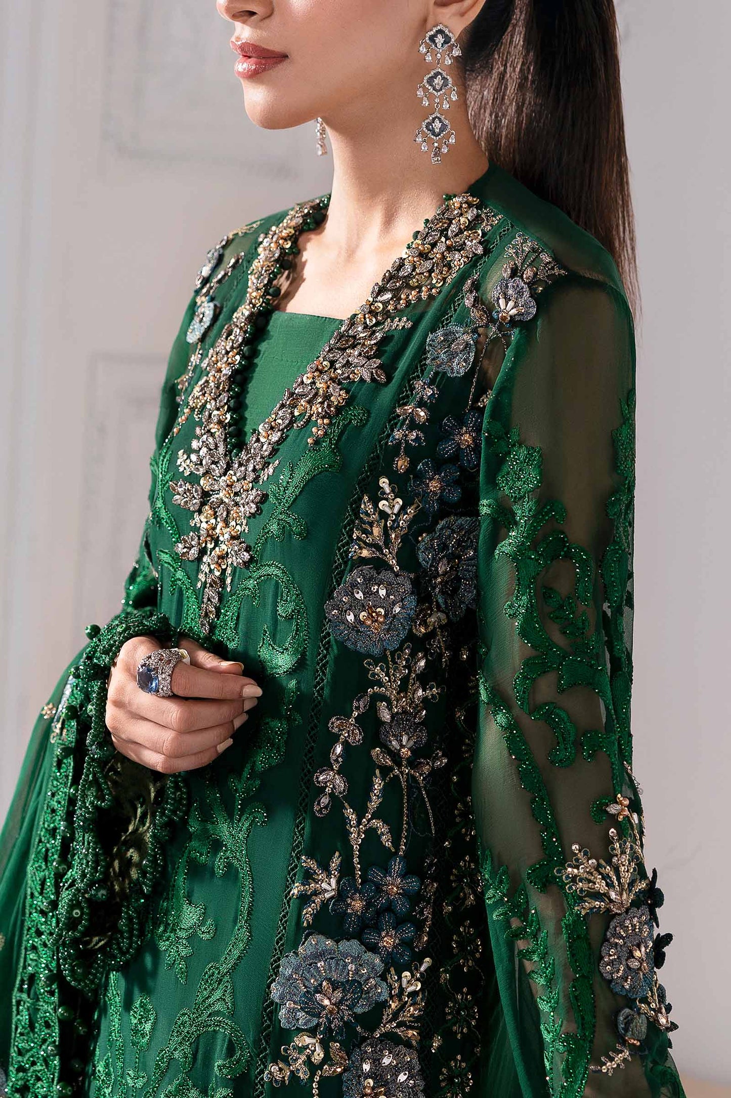 Maria B | Mbroidered 2025 | BD-3008 XL Emerald Green Long Shirt with Lehnga