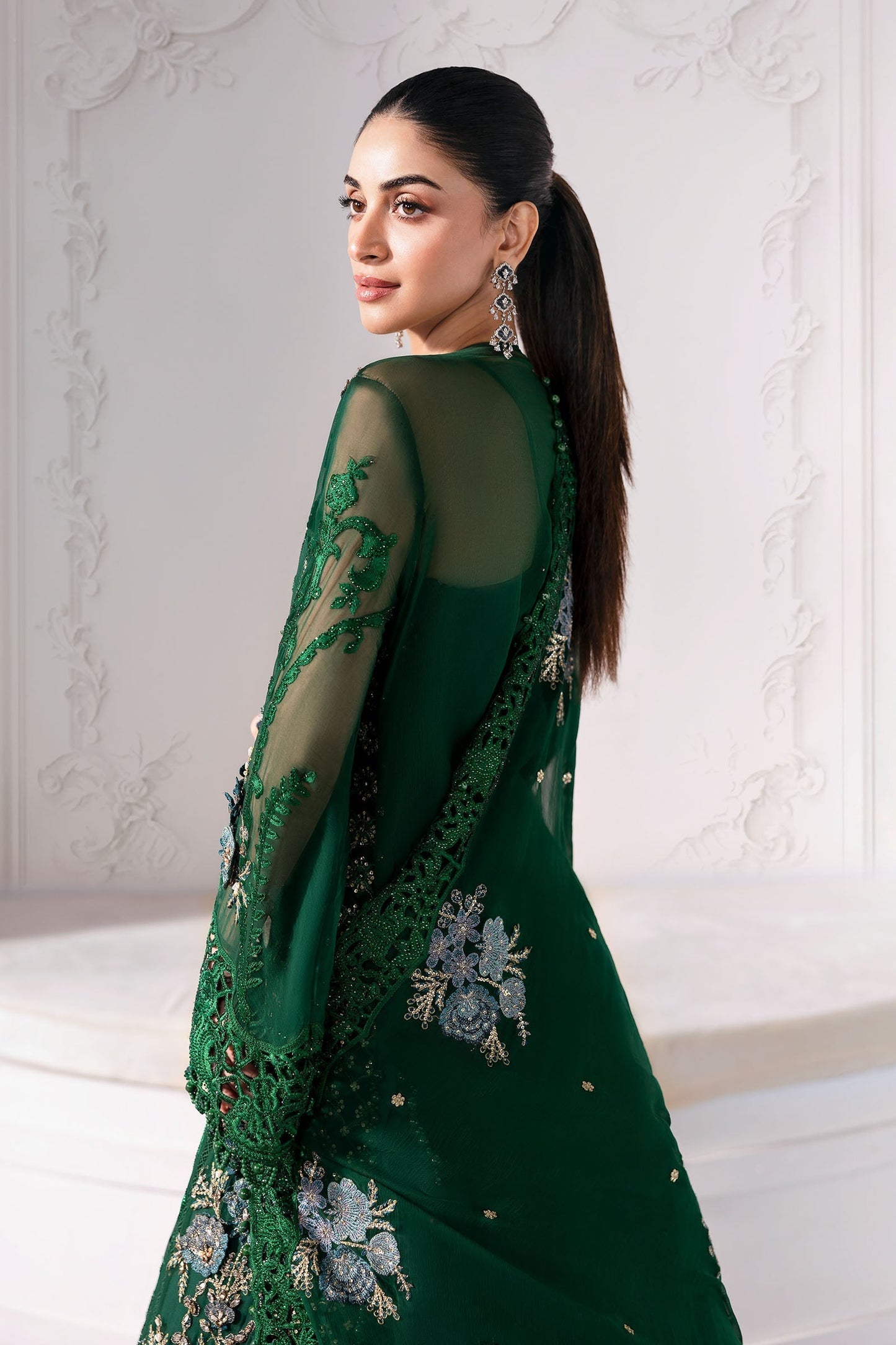 Maria B | Mbroidered 2025 | BD-3008 XL Emerald Green Open Long Shirt with Lehnga