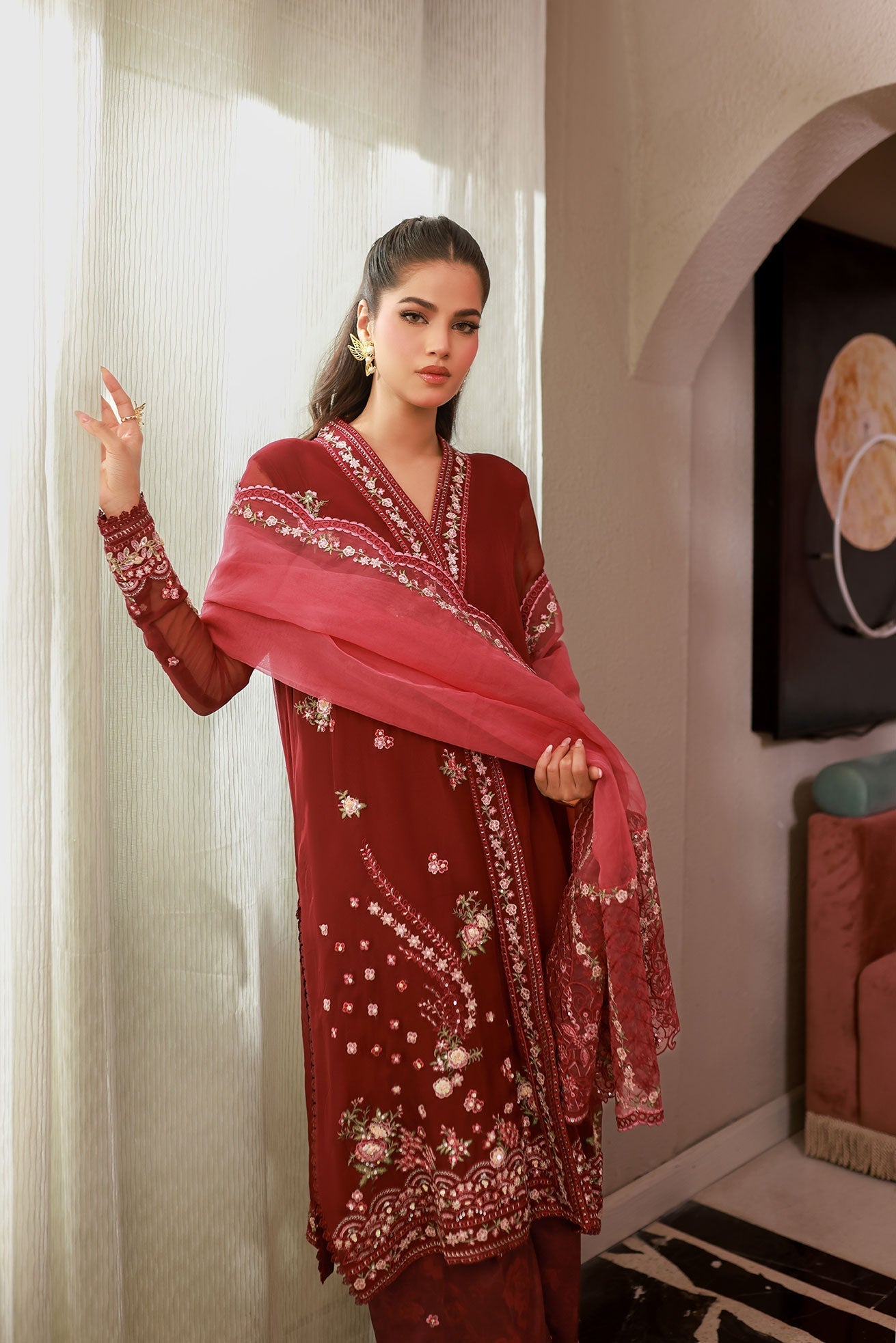 Dhanak | Chiffon Pret | SS25DA-2719 M Blood Red Chiffon