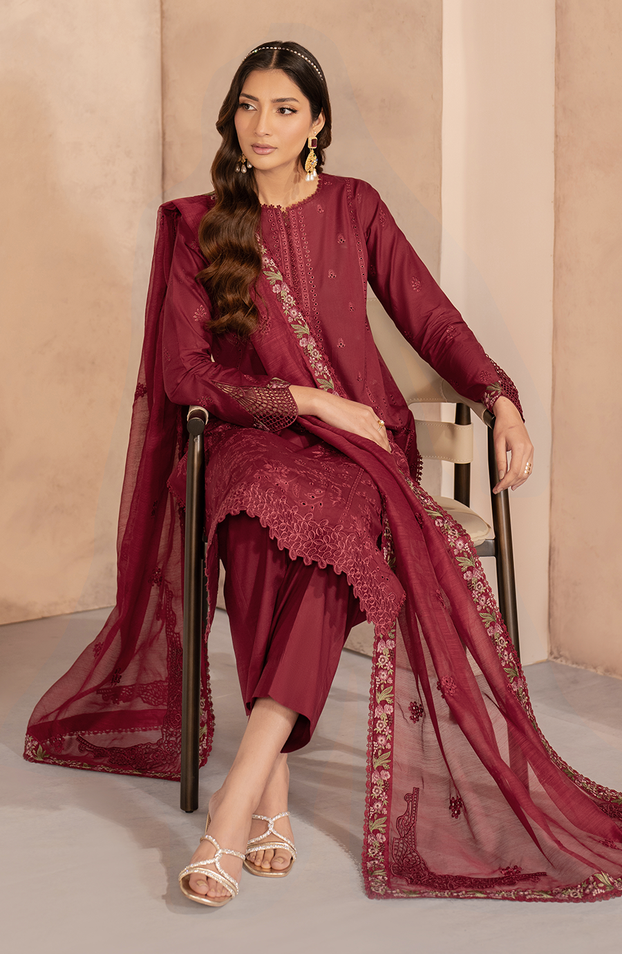 Zarif | Summer Lawn 25 | UNST-LWN-02 SAYAH XL Maroon Chikankari Lawn