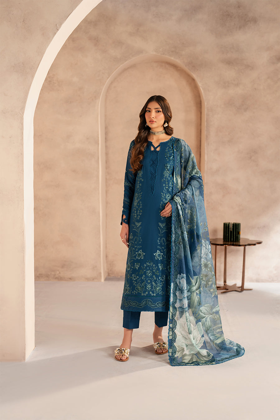 Zarif | Summer Lawn 25 | UNST-LWN-03 MEHMER XL Teal Blue Chikankari Lawn