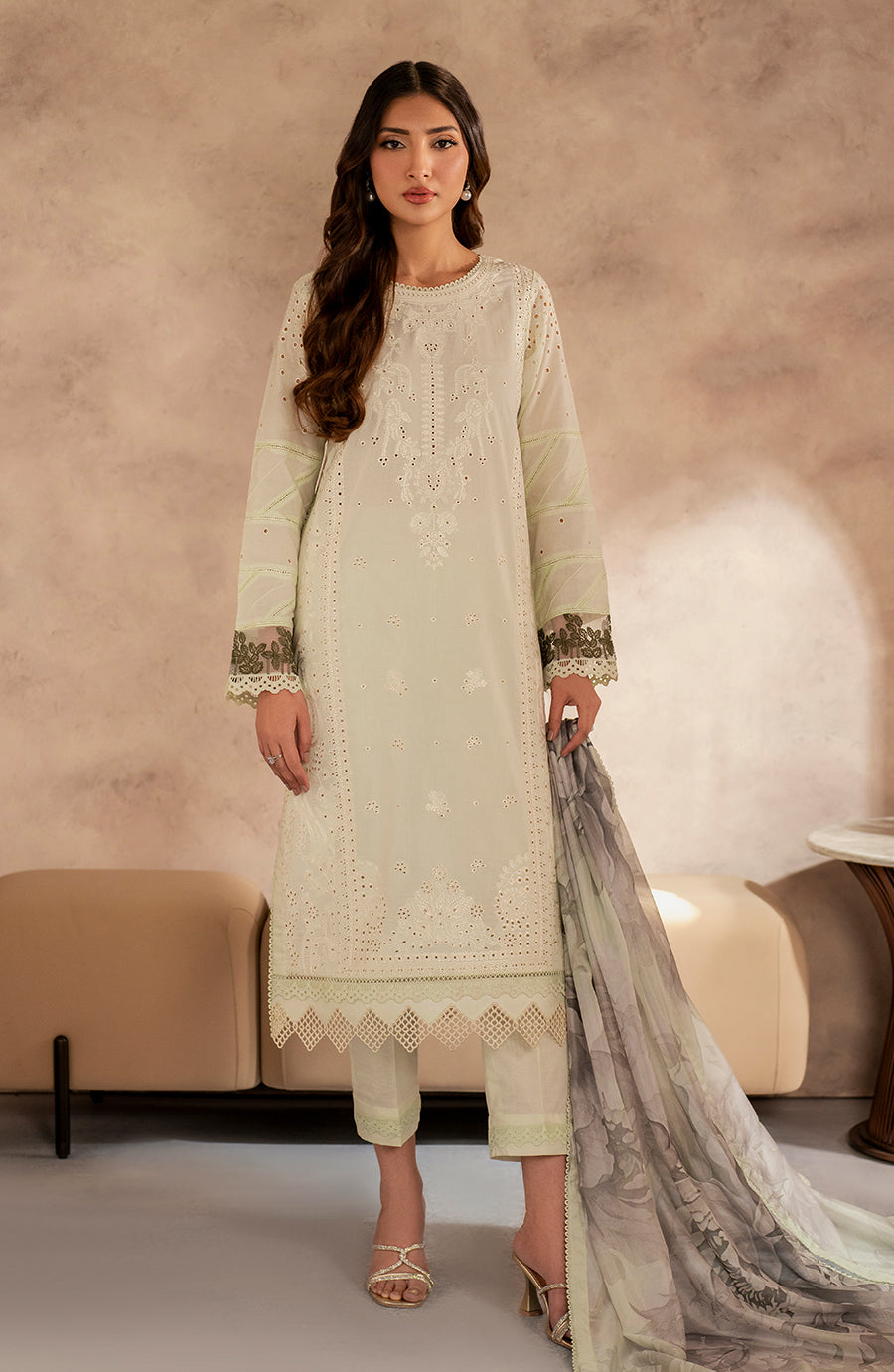 Zarif | Summer Lawn 25 | UNST-LWN-08 ROOHAL S Cream Chikankari Lawn