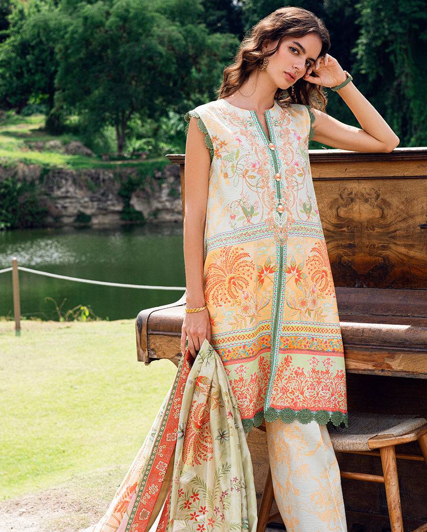 Roheenaz | Garden Veal Printed Lawn 25 | Gold Riddle - Pakistani Designer Dress - by Roheenaz | Type: Ladies Clothes - 100% Original at Saira Sultan