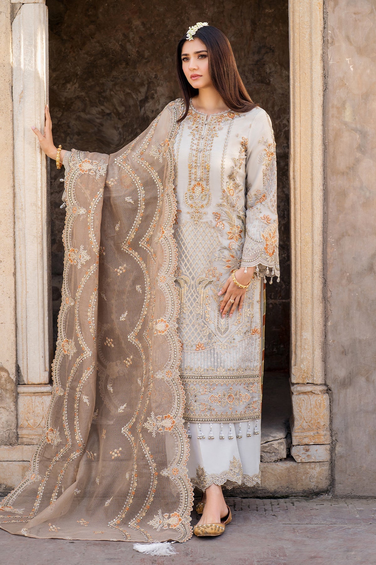 Imrozia Premium | Meeras Luxury Eid 25 | I-223 NEELAM Custom Size Gray Organza