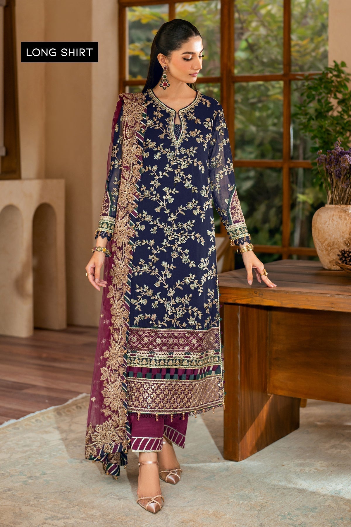Xenia Formals | Niran Formals | SERAPHINA XS Dark Blue Shirt with Sharara