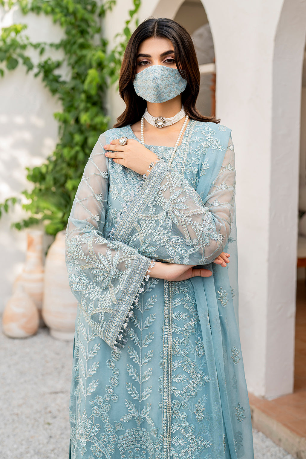 Flossie | Naqsh Formals | S-1405 (A) XL Light Blue Chiffon