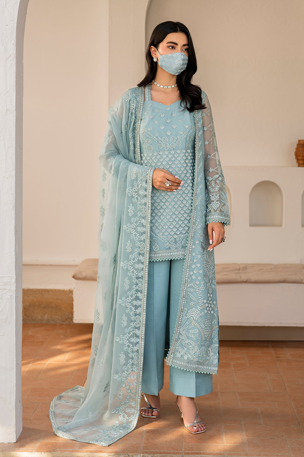 Flossie | Naqsh Formals | S-1405 (B) XS Sky Blue Chiffon