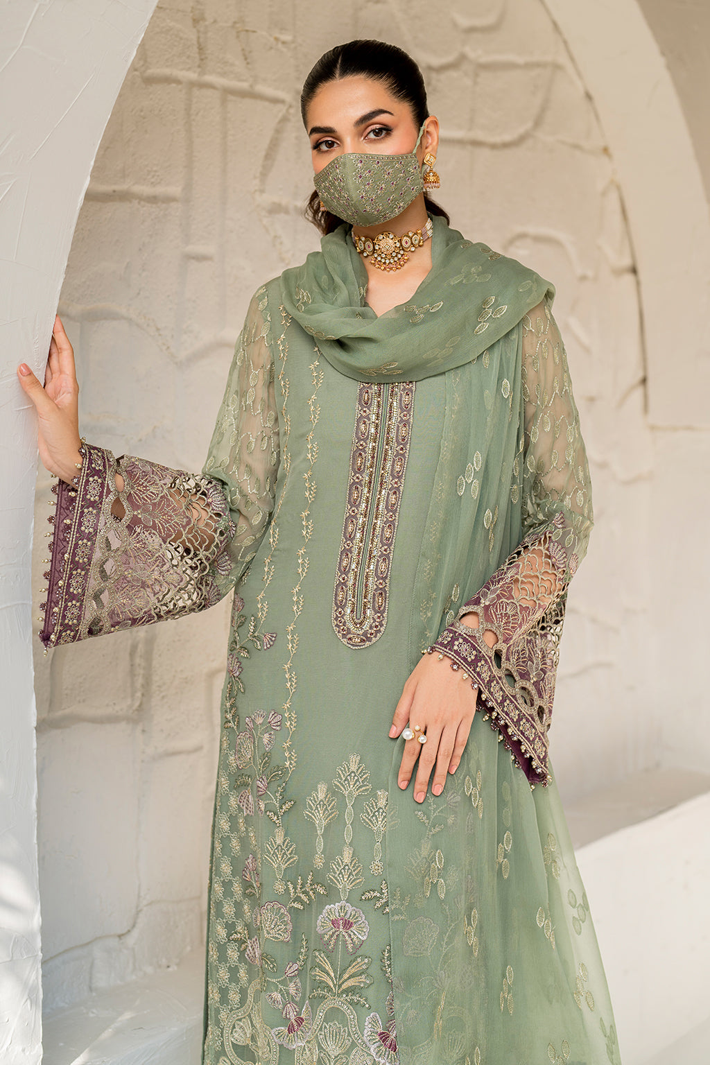 Flossie | Naqsh Formals | S-1406 XL Greenish Gray Chiffon