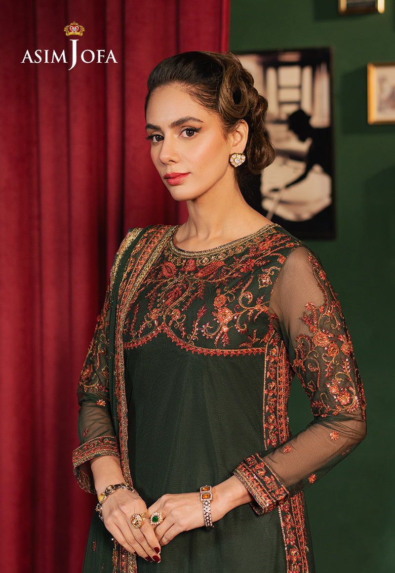 Asim Jofa | Premium Festive | AJPF-08 M Bottle Green Net