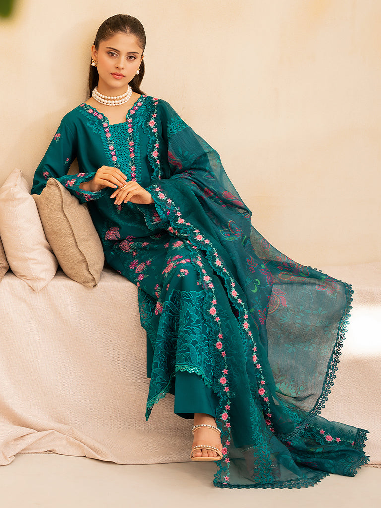 Rajbari | Jahaan Premium Festive Lawn | ZARA (Jahan) 3-A XL Teal Green Lawn
