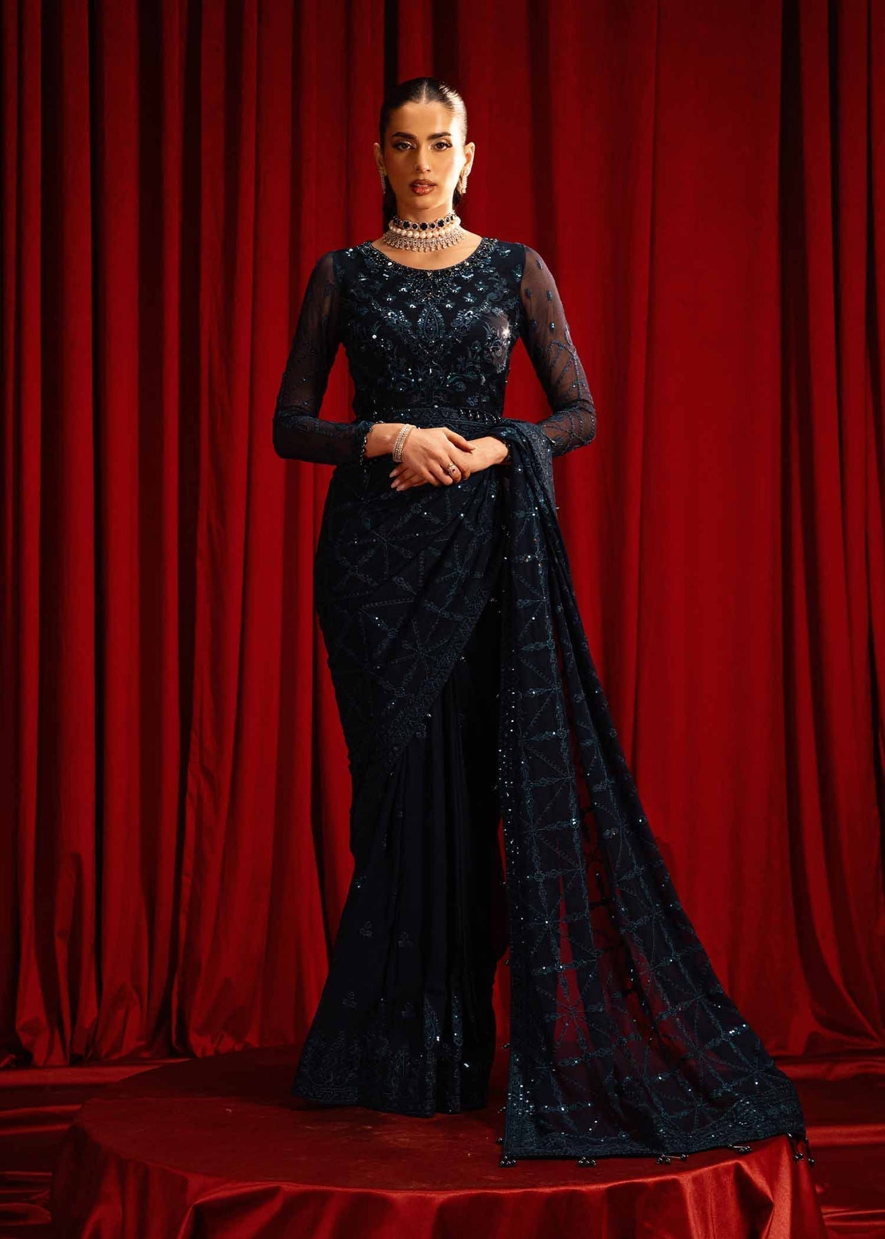 Paras by Pasha | Noor -e- Jahan Saree Collection | Neel-e-Noor XS Midnight Blue Chiffon