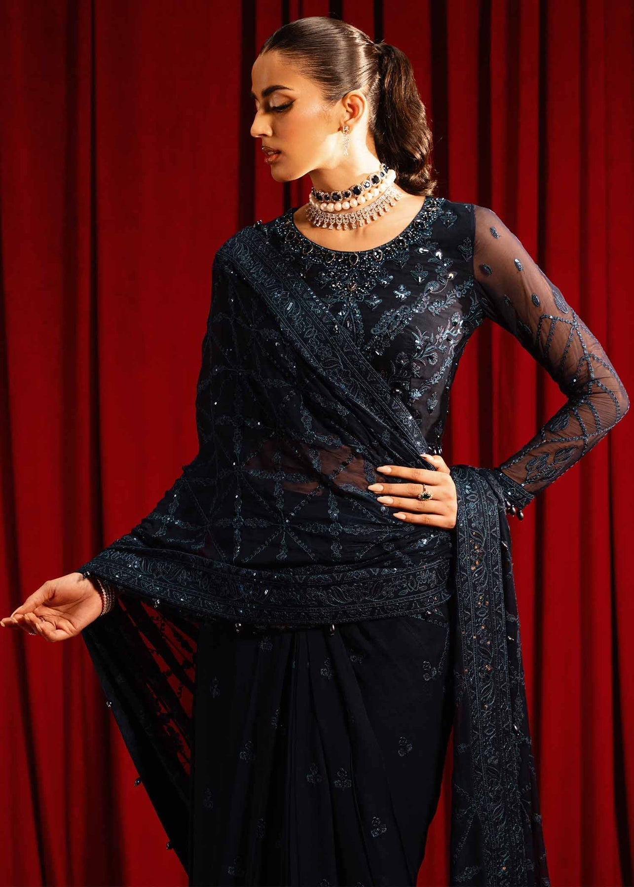 Paras by Pasha | Noor -e- Jahan Saree Collection | Neel-e-Noor L Midnight Blue Chiffon