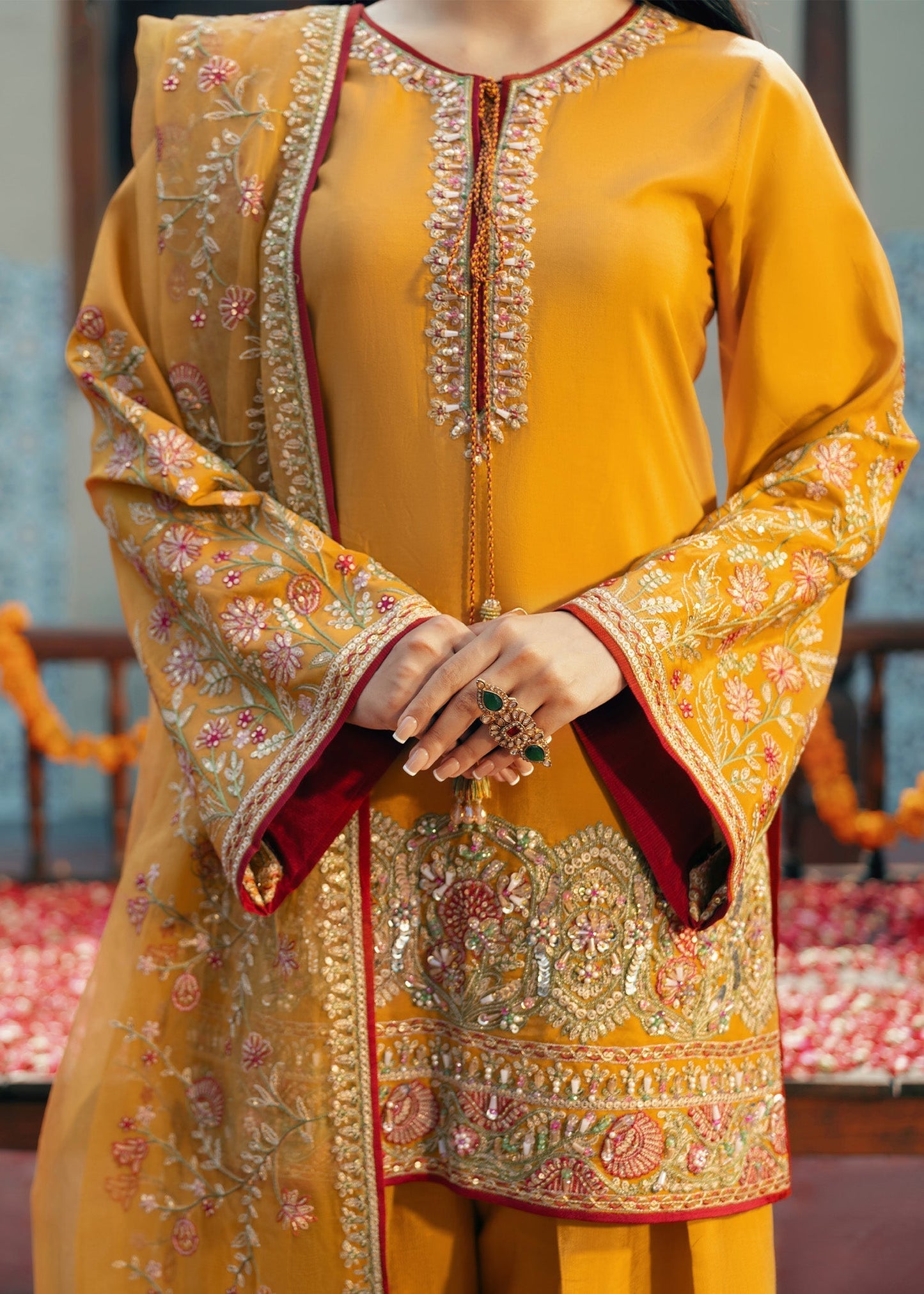 Jamnii | Noor e Nazakat | Rang-e-Mehfil L Mustard Yellow Russian silk