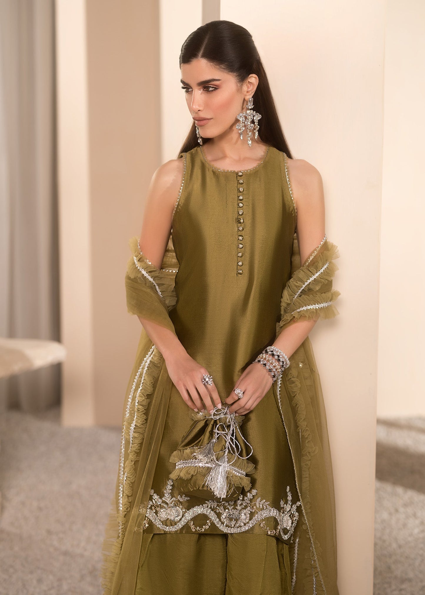 Mahum Asad | Breaking the Bar | Autumn L Olive Green Pure Silk Tissue