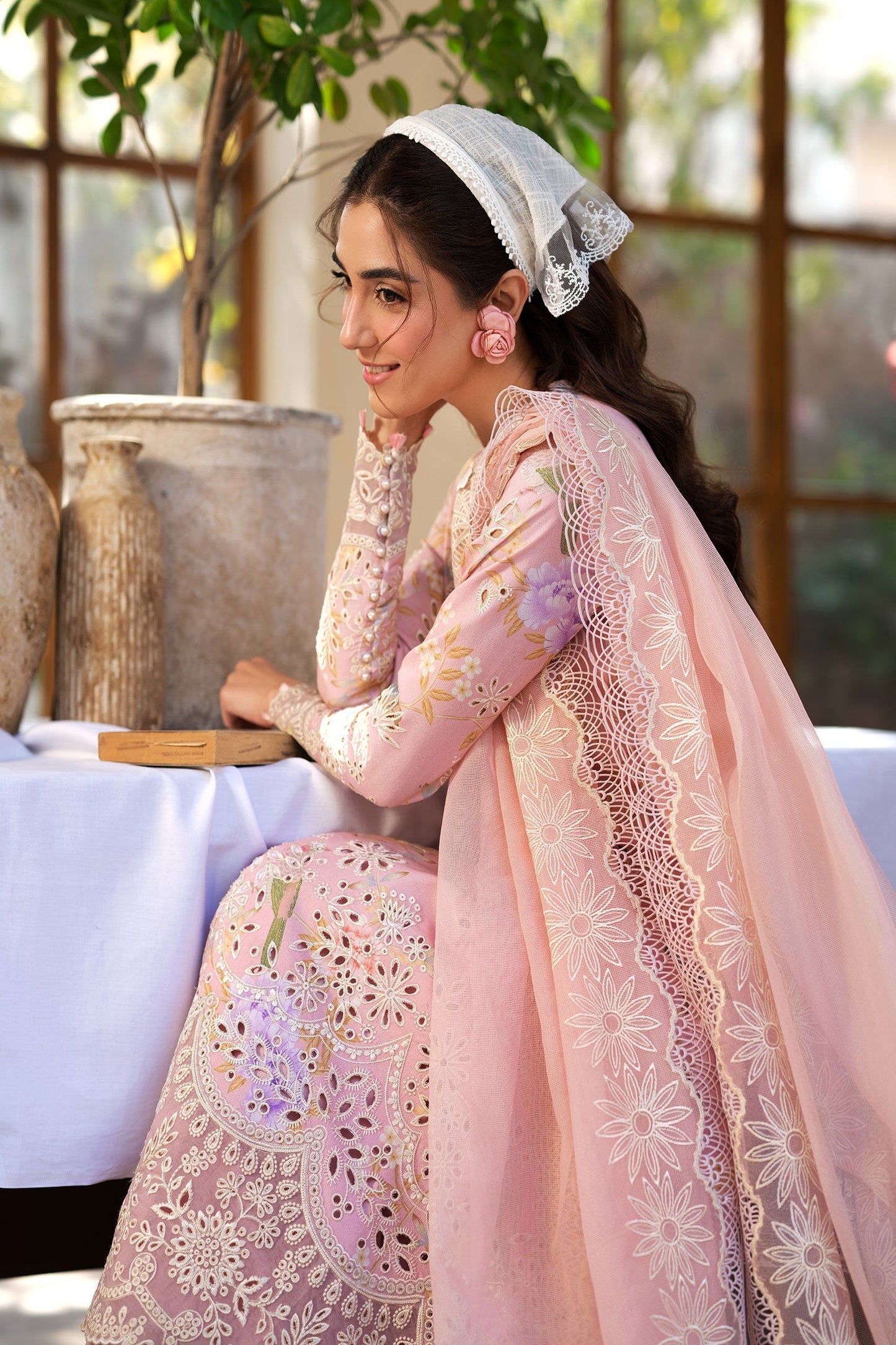 Maryam Hussain | Luxury Lawn 25 | Dimple XL Pink Lawn