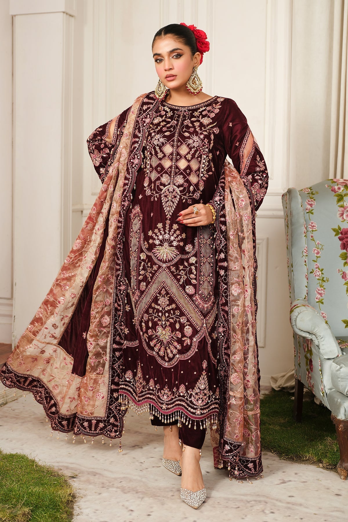 Raeesa Premium | Sheen Luxury Velvet | Poosh XS Dark Maroon Velvet