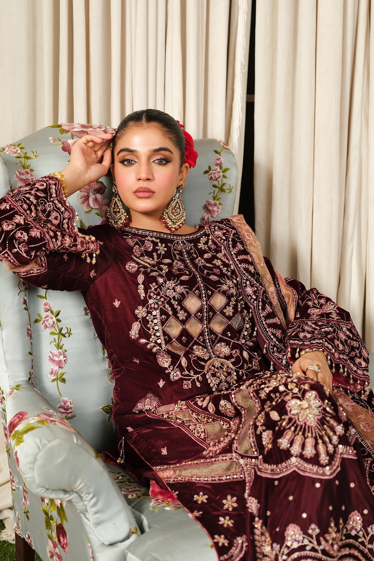 Raeesa Premium | Sheen Luxury Velvet | Poosh M Dark Maroon Velvet