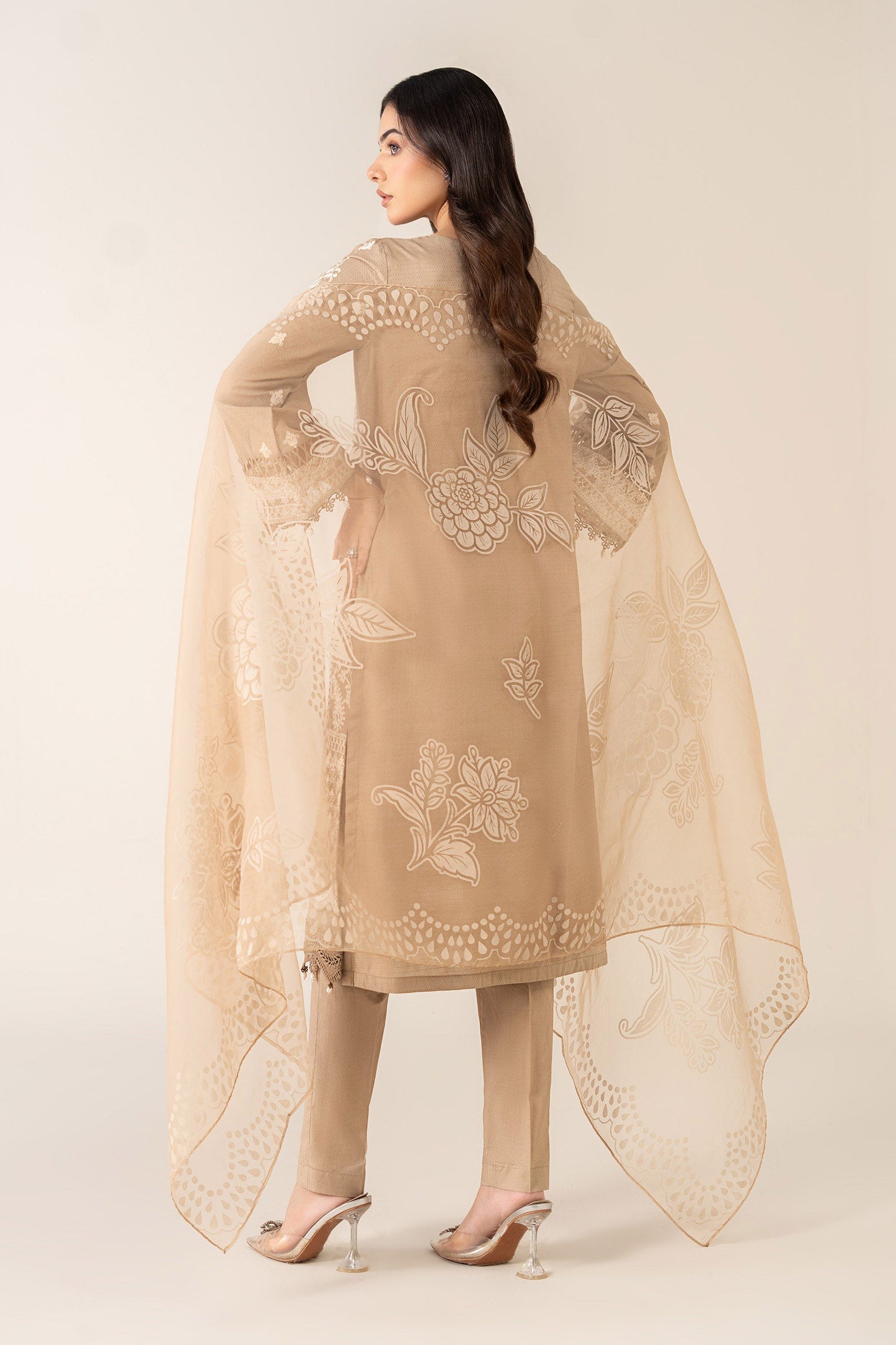 Maria B | Pre Fall Dresses | 3 Piece Embroidered Suit Coffee - Pakistani Designer Dress - by Maria B - Type : Ladies Clothes - 100% Original at Saira Sultan
