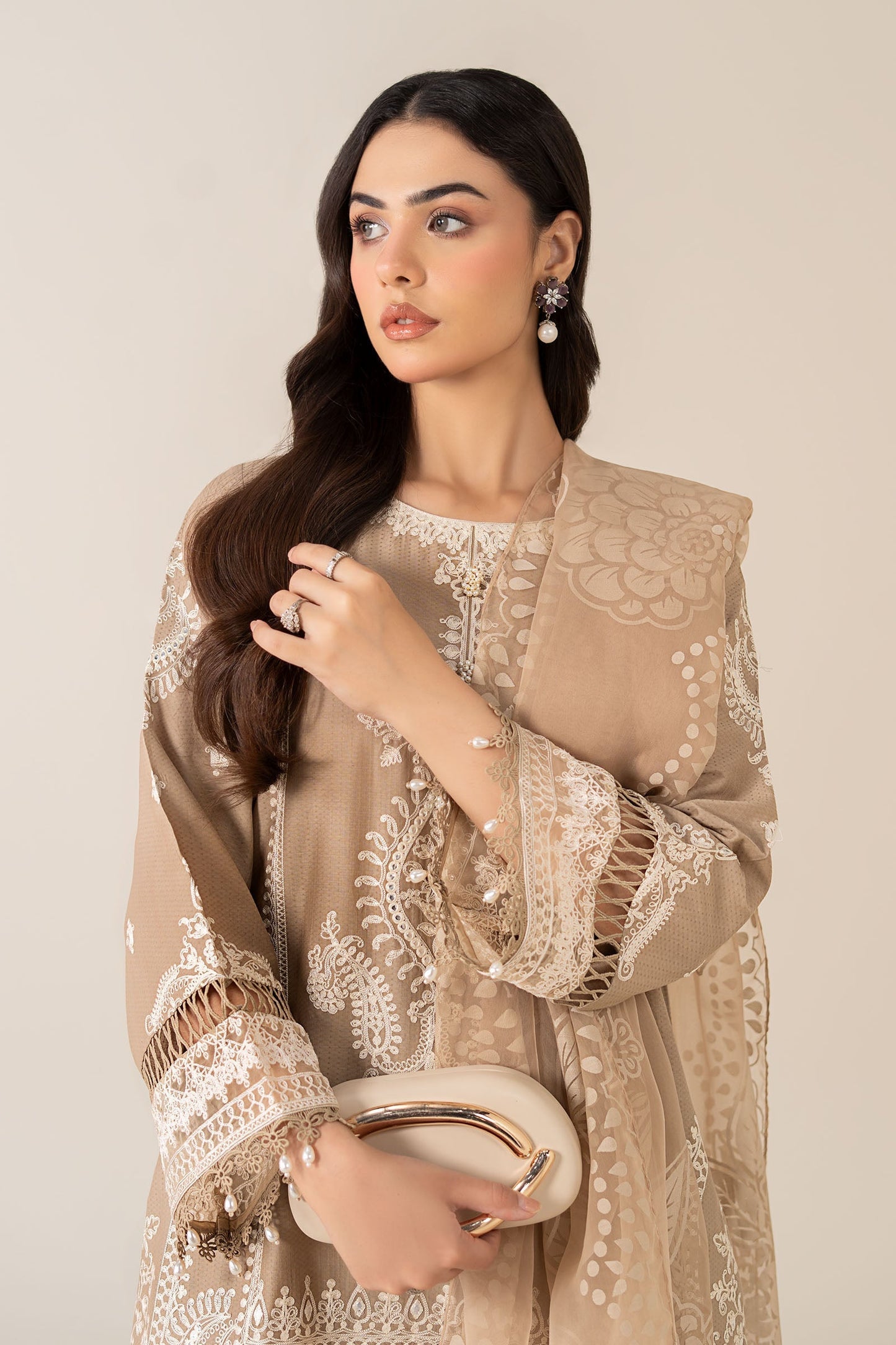 Maria B | Pre Fall Dresses | 3 Piece Embroidered Suit Coffee - Pakistani Designer Dress - by Maria B - Type : Ladies Clothes - 100% Original at Saira Sultan