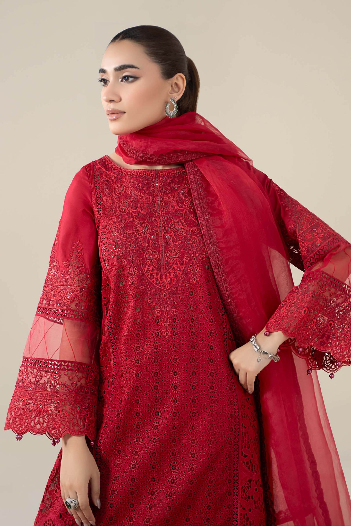 Maria B | Pre Fall Dresses | 3 Piece Embroidered Lawn Suit Red - Pakistani Designer Dress - by Maria B - Type : Ladies Clothes - 100% Original at Saira Sultan