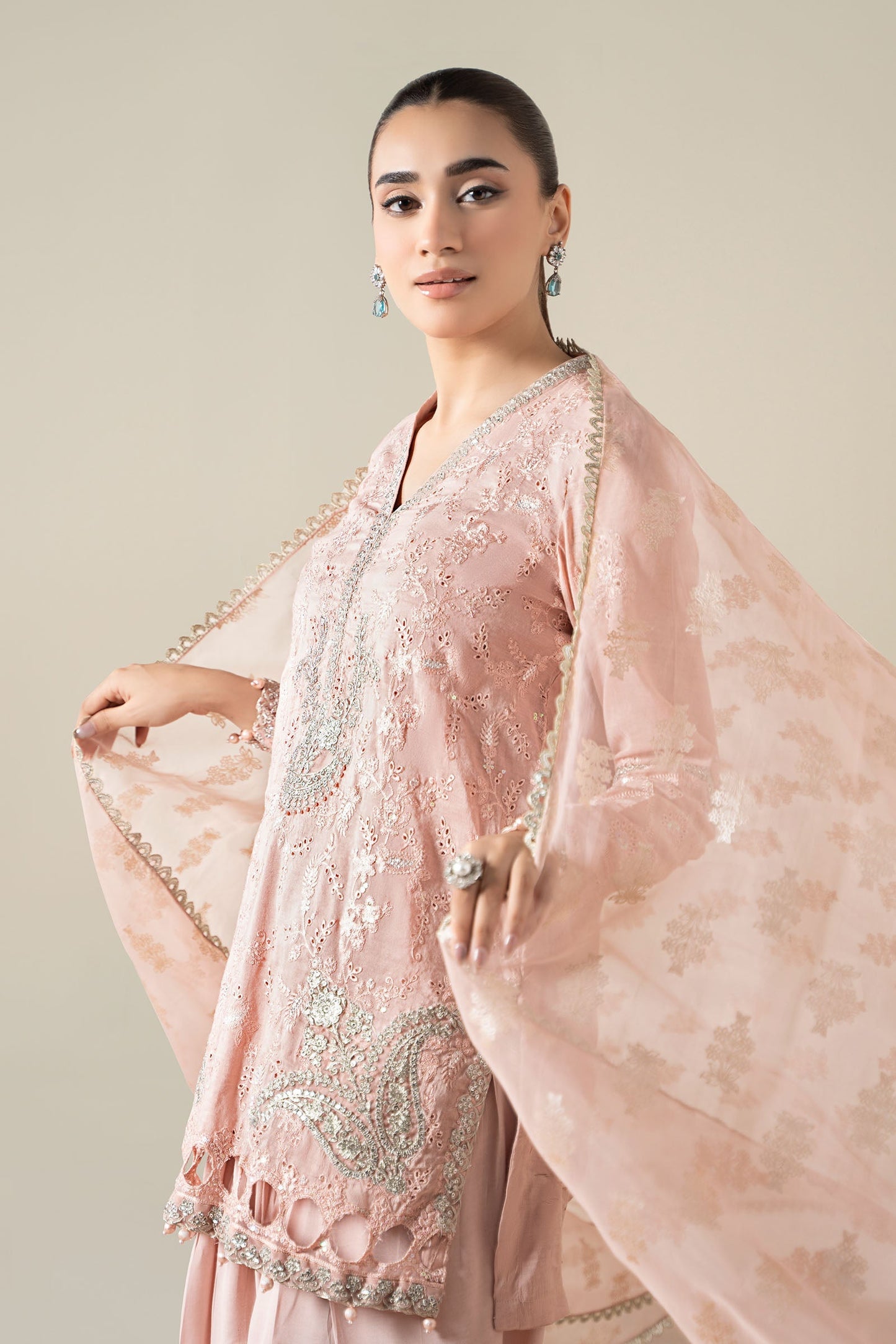 Maria B | Pre Fall Dresses | 3 Piece Embroidered Paper Cotton Suit Pink - Pakistani Designer Dress - by Maria B - Type : Ladies Clothes - 100% Original at Saira Sultan