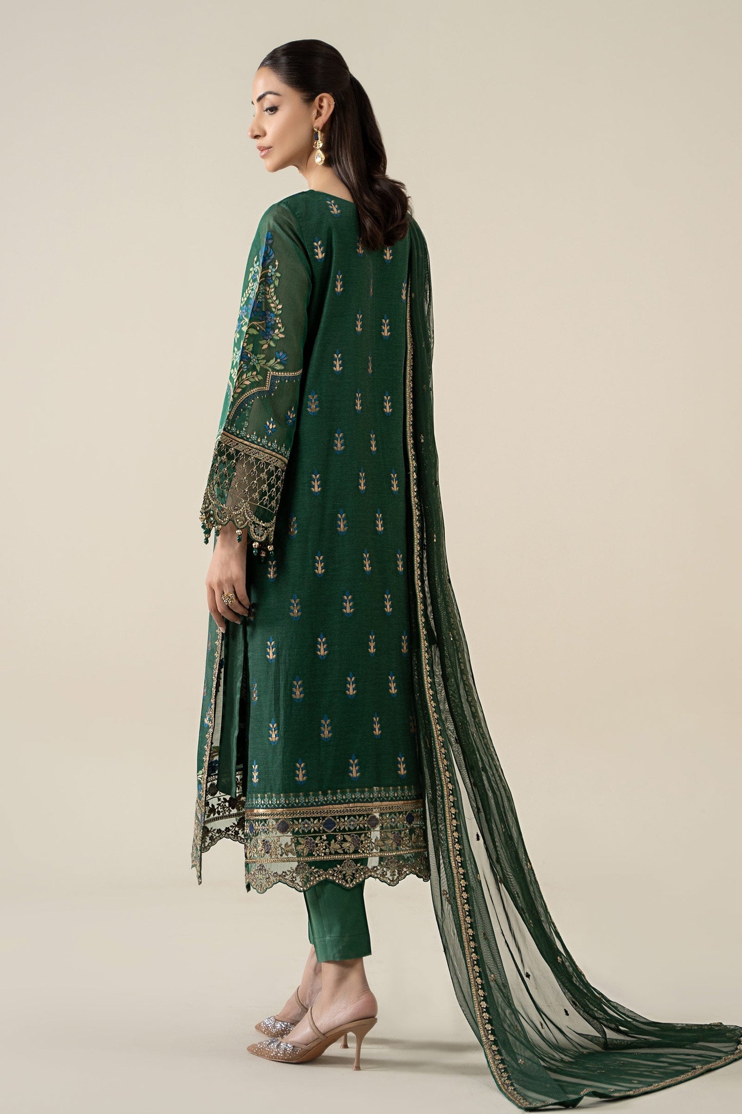 Maria B | Pre Fall Dresses | 3 Piece Embroidered Jacquard Suit Dark Teal Green - Pakistani Designer Dress - by Maria B - Type : Ladies Clothes - 100% Original at Saira Sultan