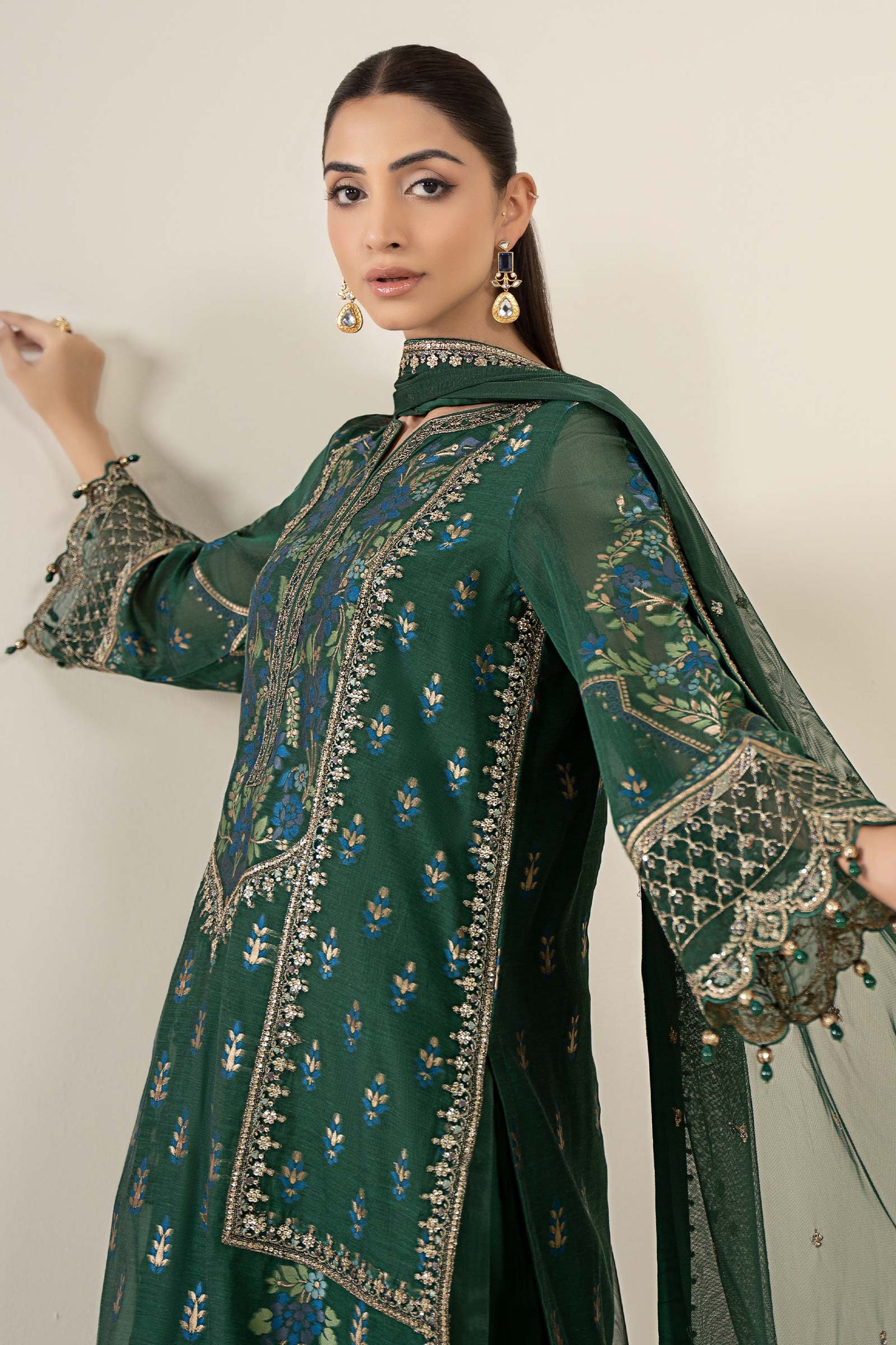 Maria B | Pre Fall Dresses | 3 Piece Embroidered Jacquard Suit Dark Teal Green - Pakistani Designer Dress - by Maria B - Type : Ladies Clothes - 100% Original at Saira Sultan