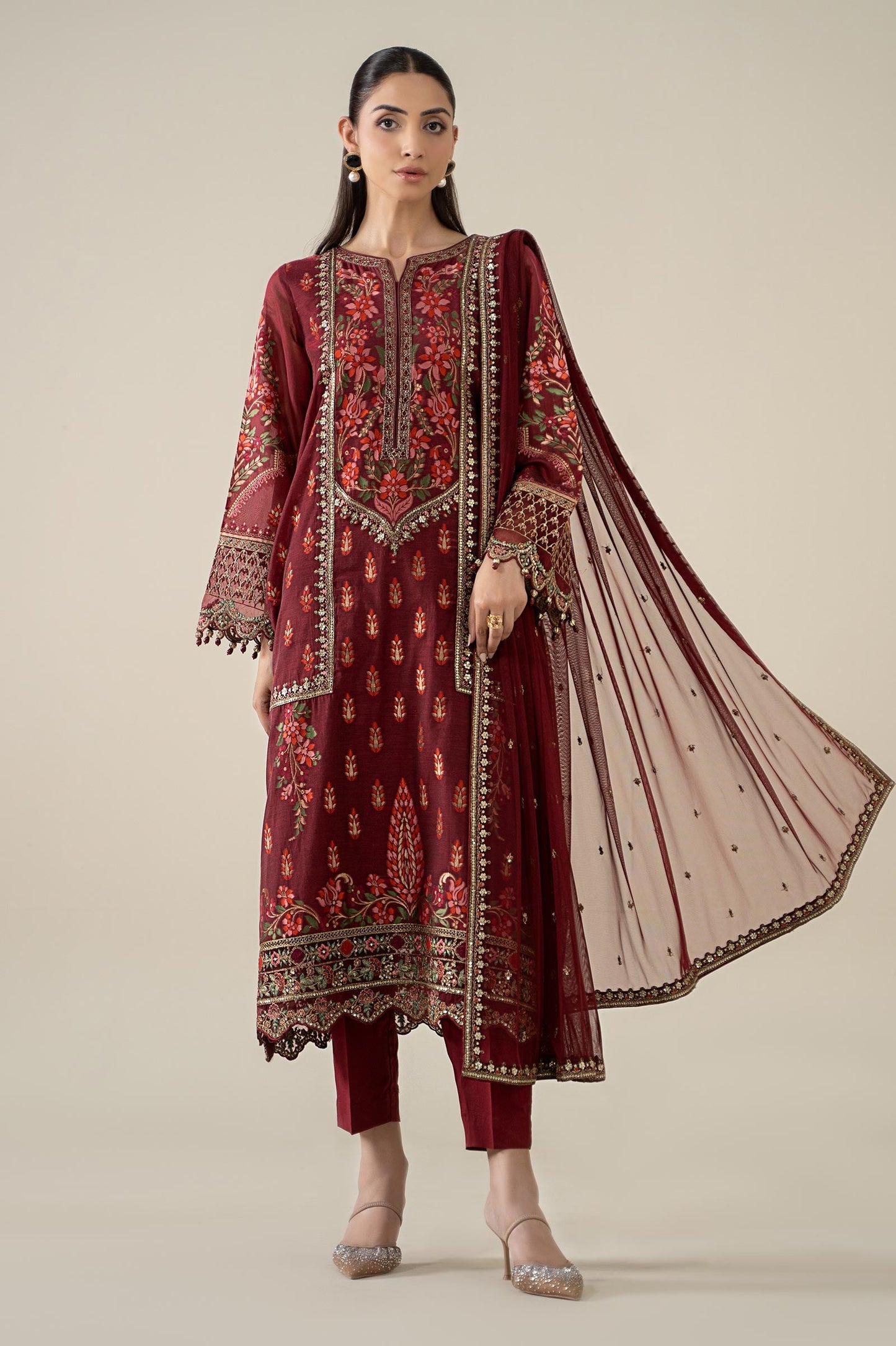 Maria B | Pre Fall Dresses | 3 Piece Embroidered Jacquard Suit Red - Pakistani Designer Dress - by Maria B - Type : Ladies Clothes - 100% Original at Saira Sultan