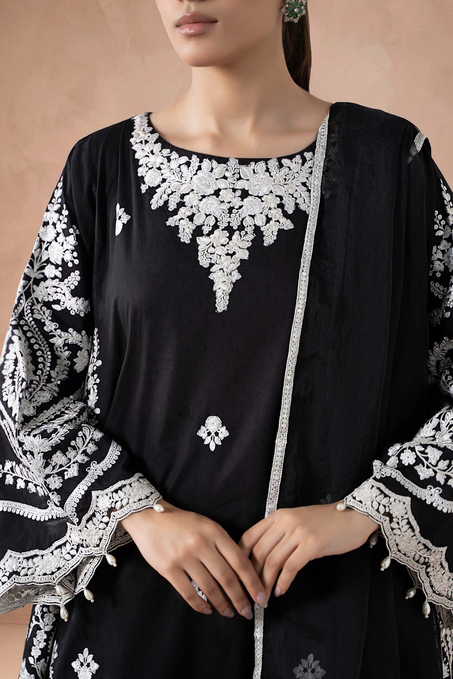 Maria B | Pre Fall Dresses | 3 Piece Embroidered Self Jacquard Suit Black - Pakistani Designer Dress - by Maria B - Type : Ladies Clothes - 100% Original at Saira Sultan