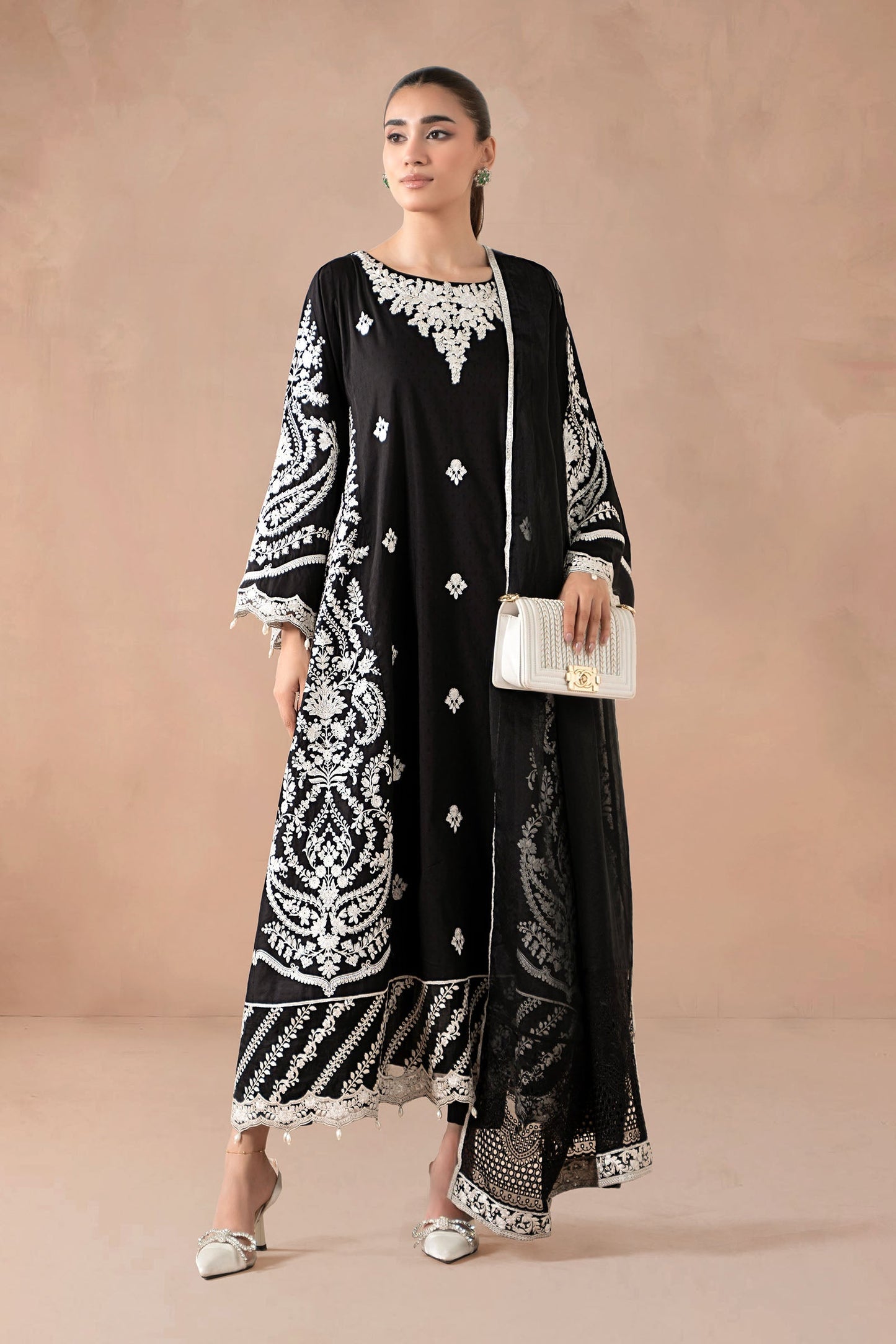 Maria B | Pre Fall Dresses | 3 Piece Embroidered Self Jacquard Suit Black - Pakistani Designer Dress - by Maria B - Type : Ladies Clothes - 100% Original at Saira Sultan