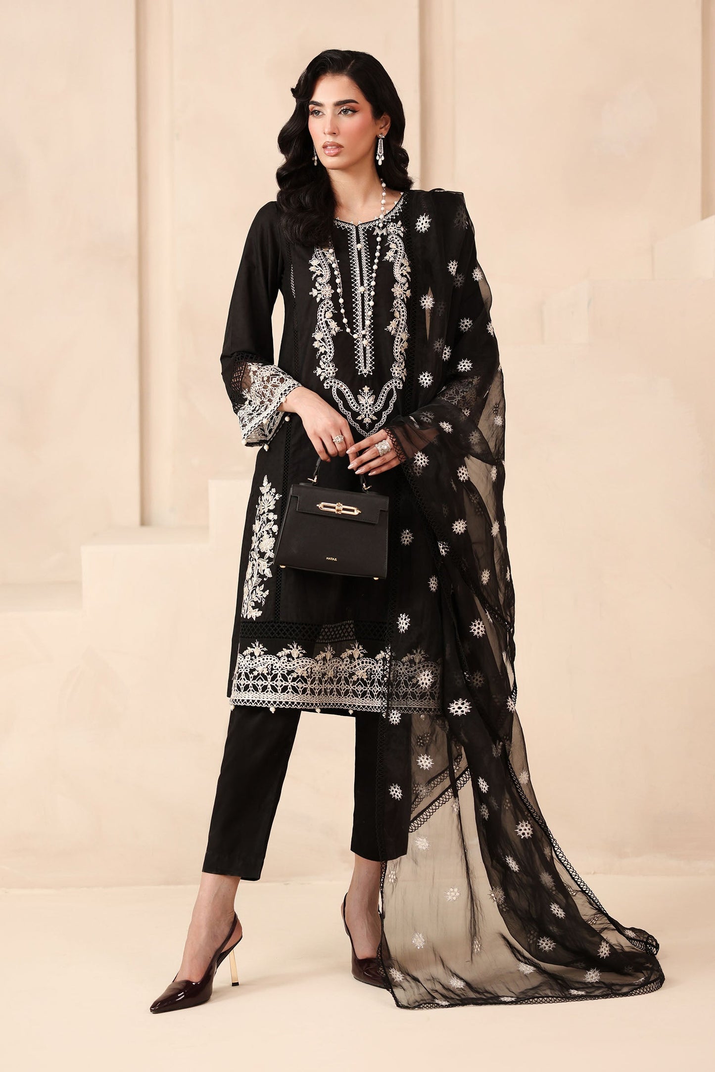 Maria B | Pre Fall Dresses | 3 Piece Embroidered Dobby Suit Black3 - Pakistani Designer Dress - by Maria B - Type : Ladies Clothes - 100% Original at Saira Sultan