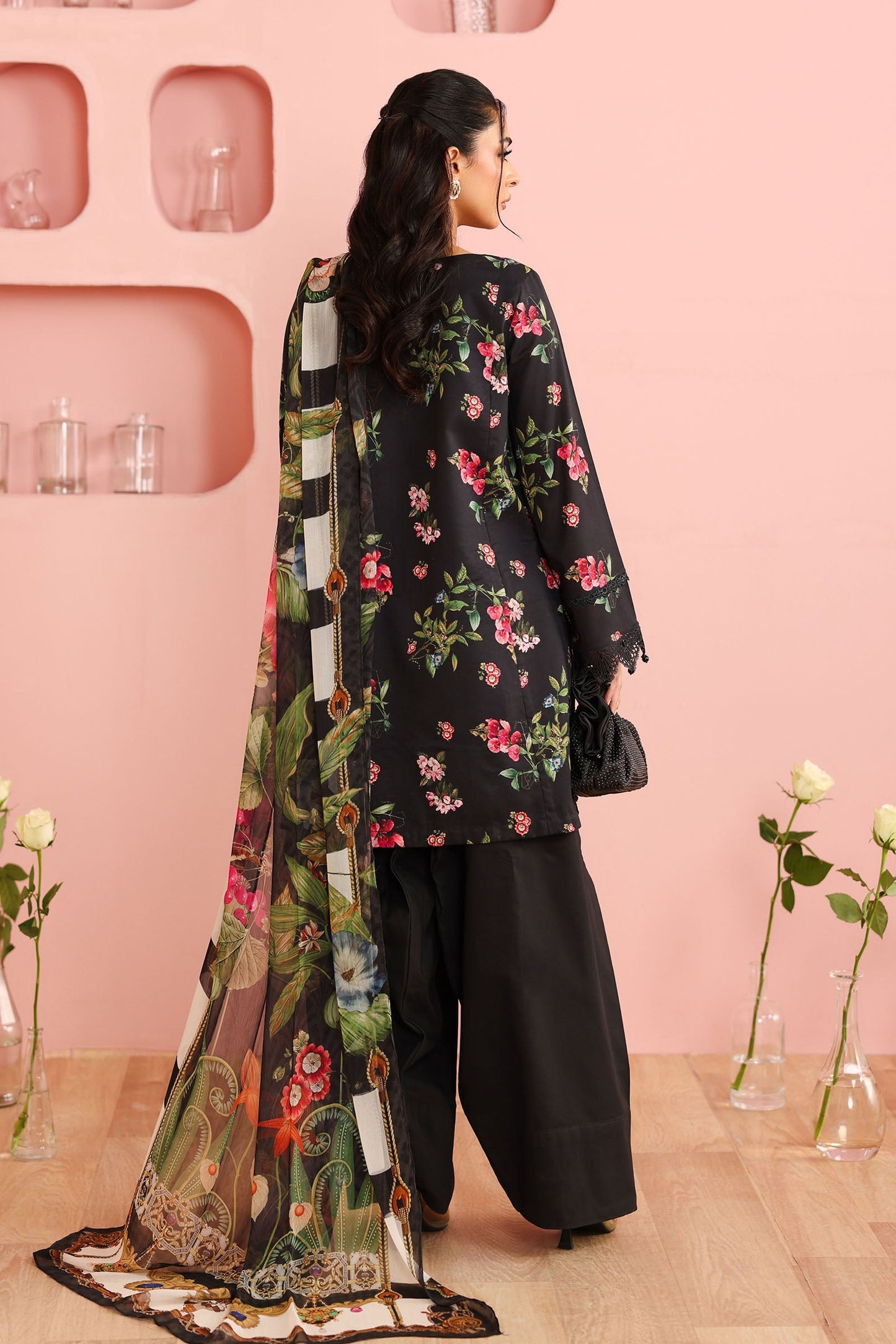 Maria B | Pre Fall Dresses | 3 Piece Embroidered Cotton Suit Black - Pakistani Designer Dress - by Maria B - Type : Ladies Clothes - 100% Original at Saira Sultan