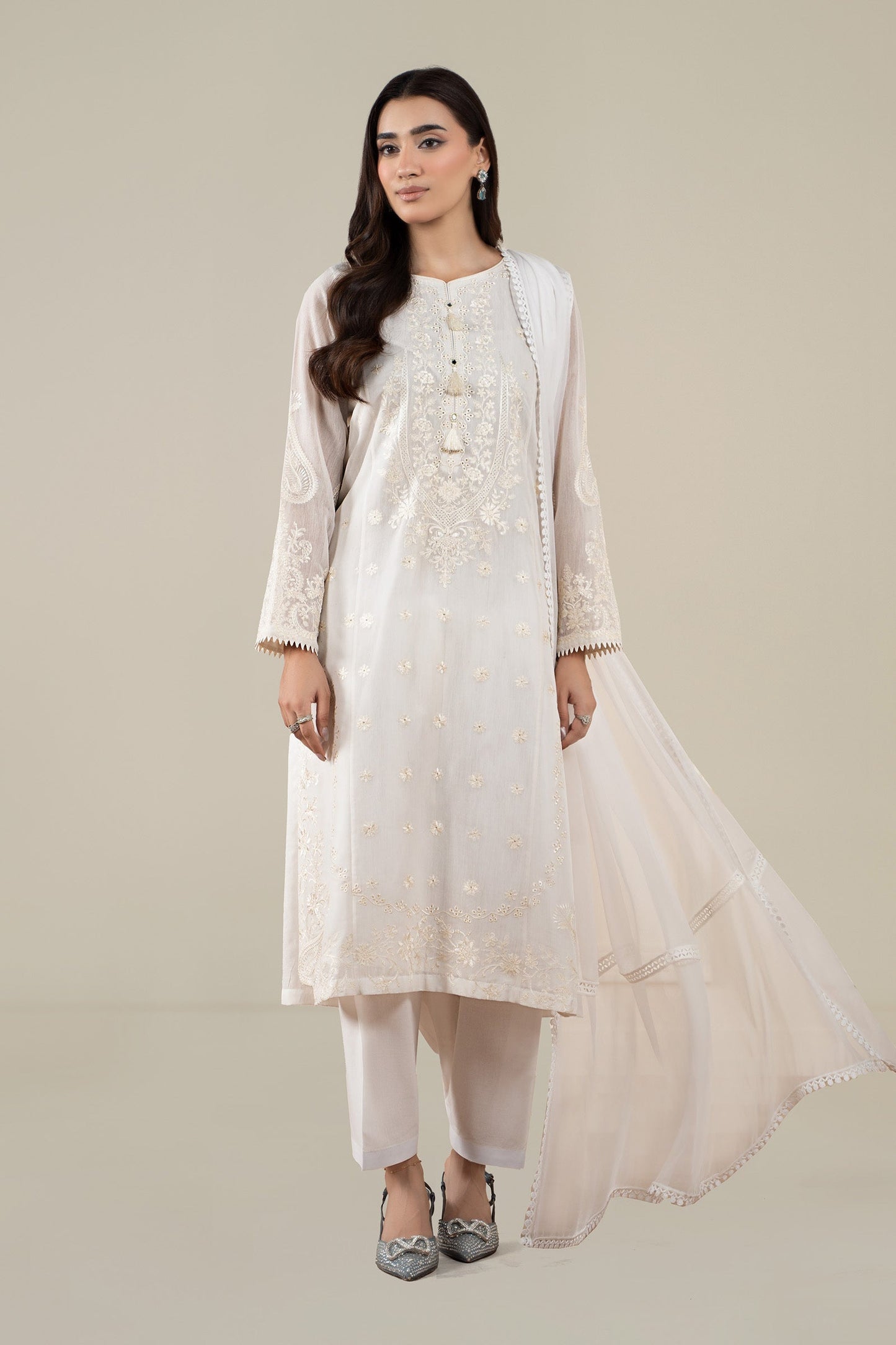 Maria B | Pre Fall Dresses | 3 Piece Embroidered Paper Cotton Suit AA - Pakistani Designer Dress - by Maria B - Type : Ladies Clothes - 100% Original at Saira Sultan