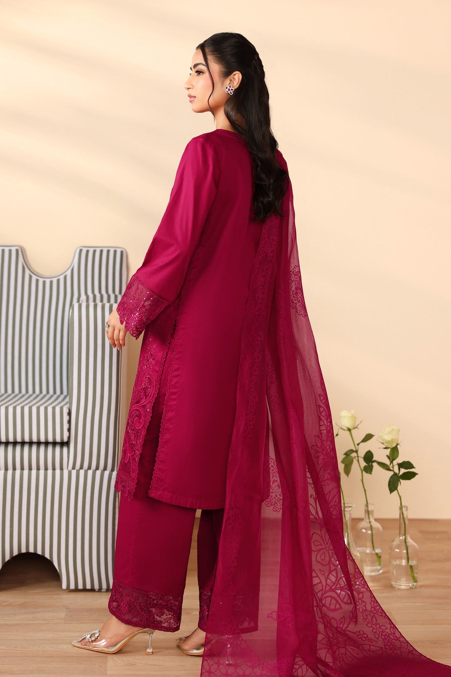 Maria B | Pre Fall Dresses | 3 Piece Embroidered Dobby Suit Maroon - Pakistani Designer Dress - by Maria B - Type : Ladies Clothes - 100% Original at Saira Sultan