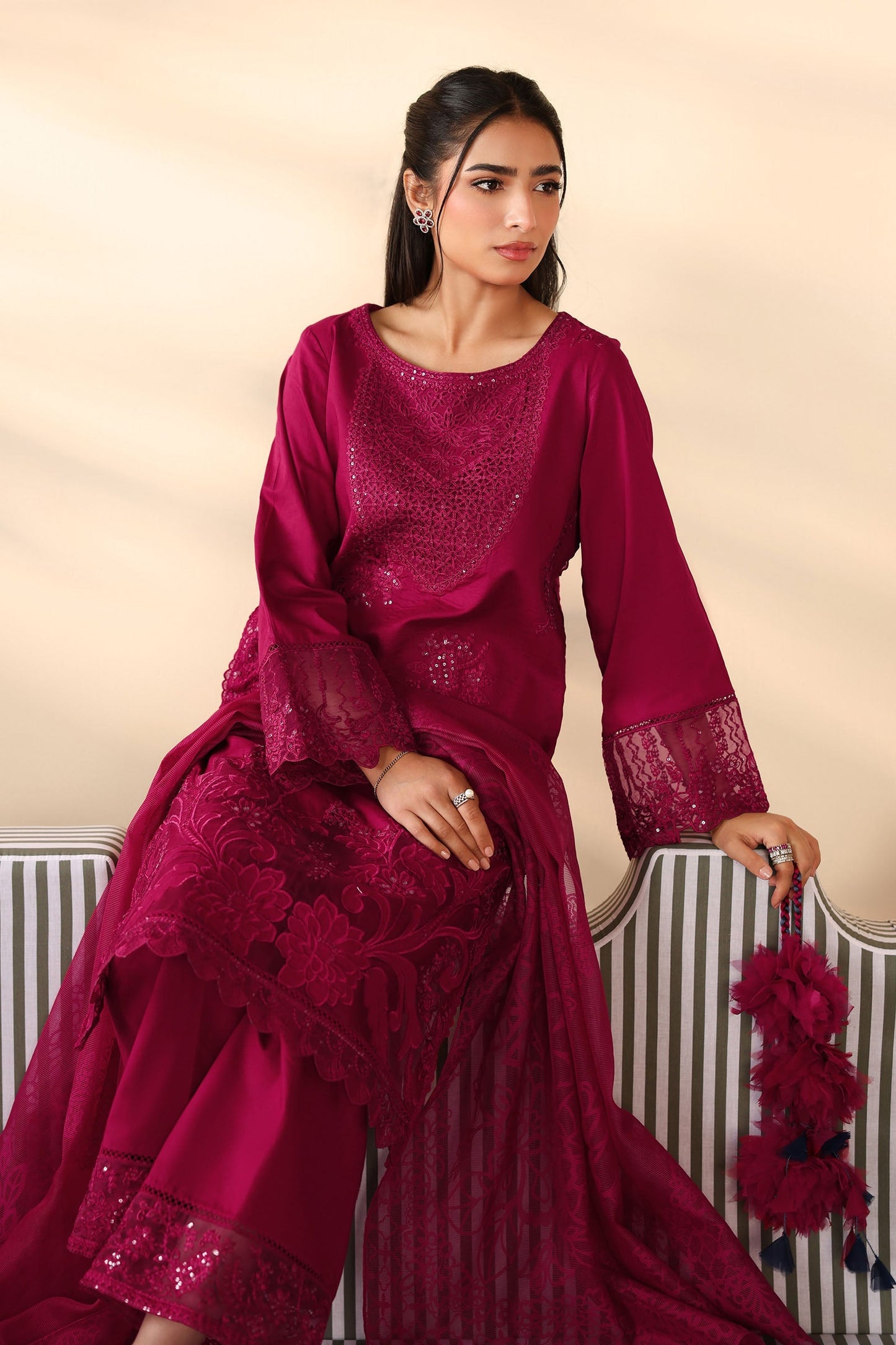 Maria B | Pre Fall Dresses | 3 Piece Embroidered Dobby Suit Maroon - Pakistani Designer Dress - by Maria B - Type : Ladies Clothes - 100% Original at Saira Sultan