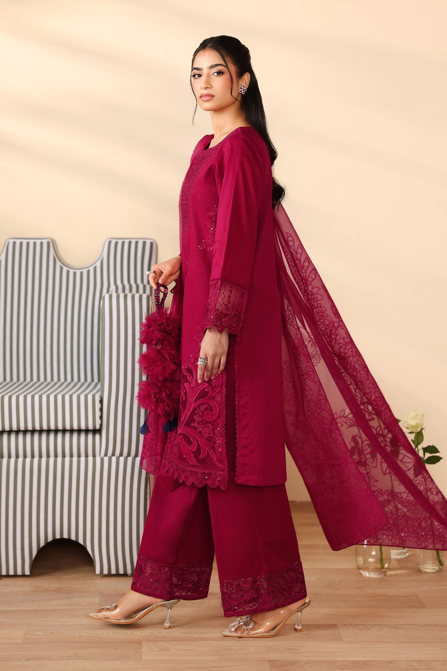 Maria B | Pre Fall Dresses | 3 Piece Embroidered Dobby Suit Maroon - Pakistani Designer Dress - by Maria B - Type : Ladies Clothes - 100% Original at Saira Sultan