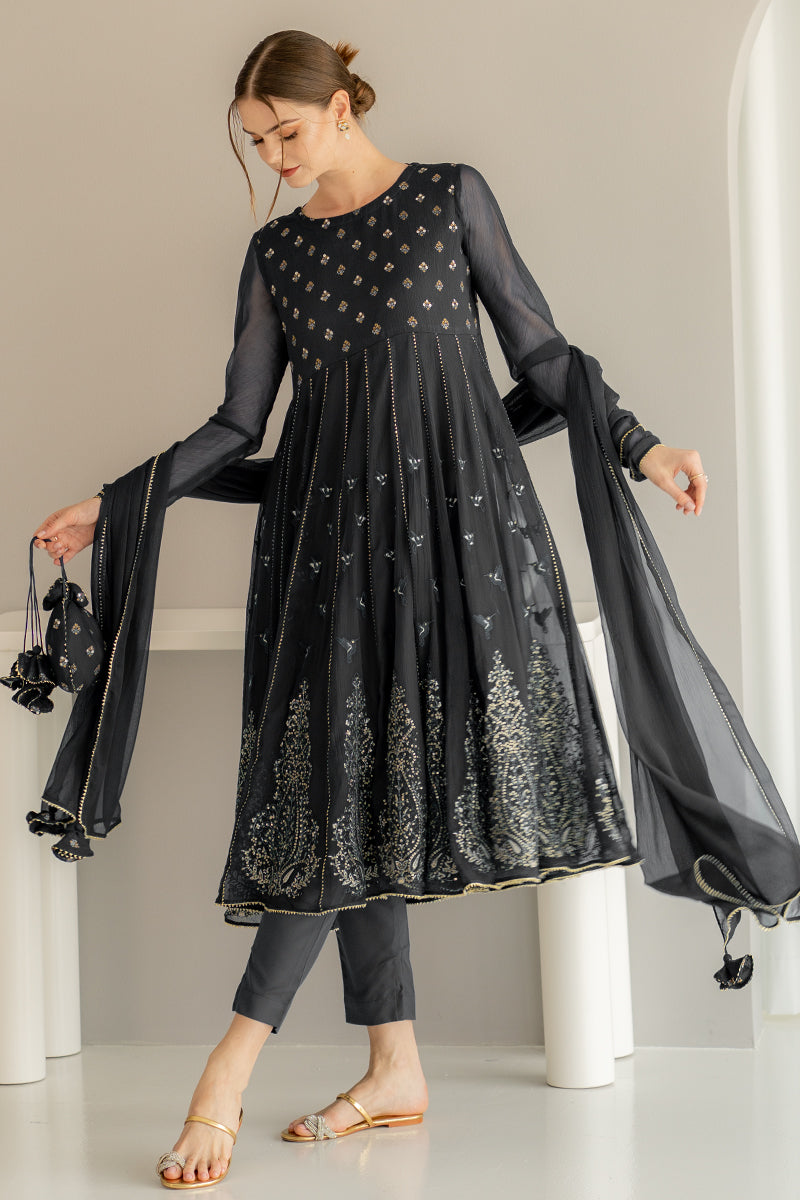 Ego | Diva Premium | ANAARKALI 3 PIECE L Black Chiffon