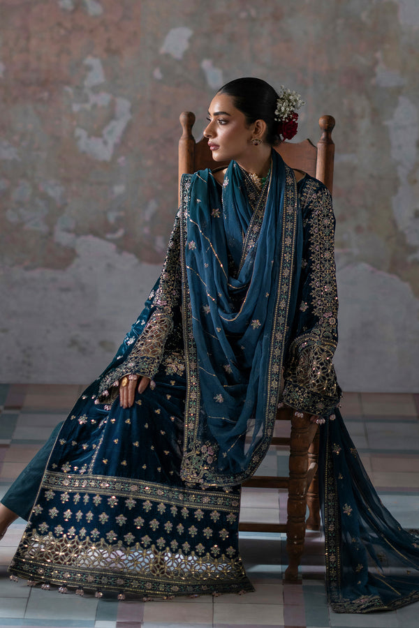 Emaan Adeel | Saanjh Velvet Collection 24 | Meher Custom Size Deep Teal Velvet
