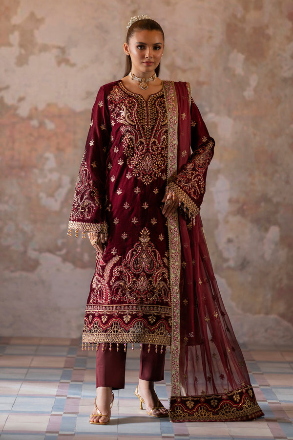 Emaan Adeel | Saanjh Velvet Collection 24 | Tara XS Deep Red Velvet
