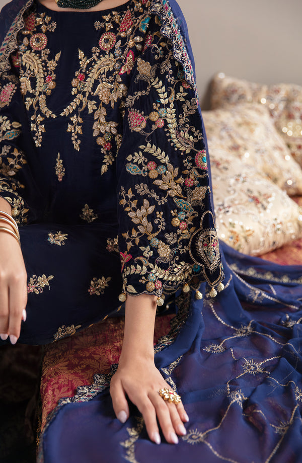 Emaan Adeel | Saanjh Velvet Collection 24 | MK-03 Falak L Navy Blue Velvet