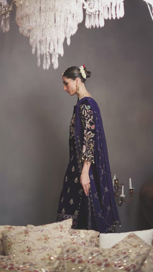 Emaan Adeel | Saanjh Velvet Collection 24 | MK-03 Falak XL Navy Blue Velvet