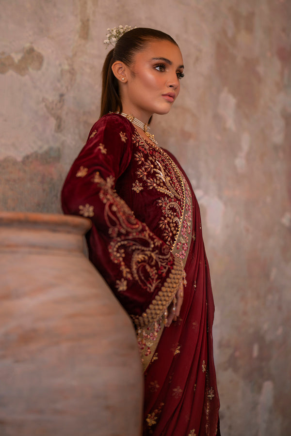 Emaan Adeel | Saanjh Velvet Collection 24 | Tara M Deep Red Velvet