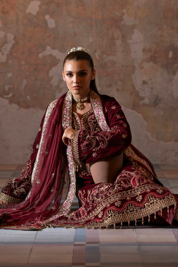 Emaan Adeel | Saanjh Velvet Collection 24 | Tara Custom Size Deep Red Velvet