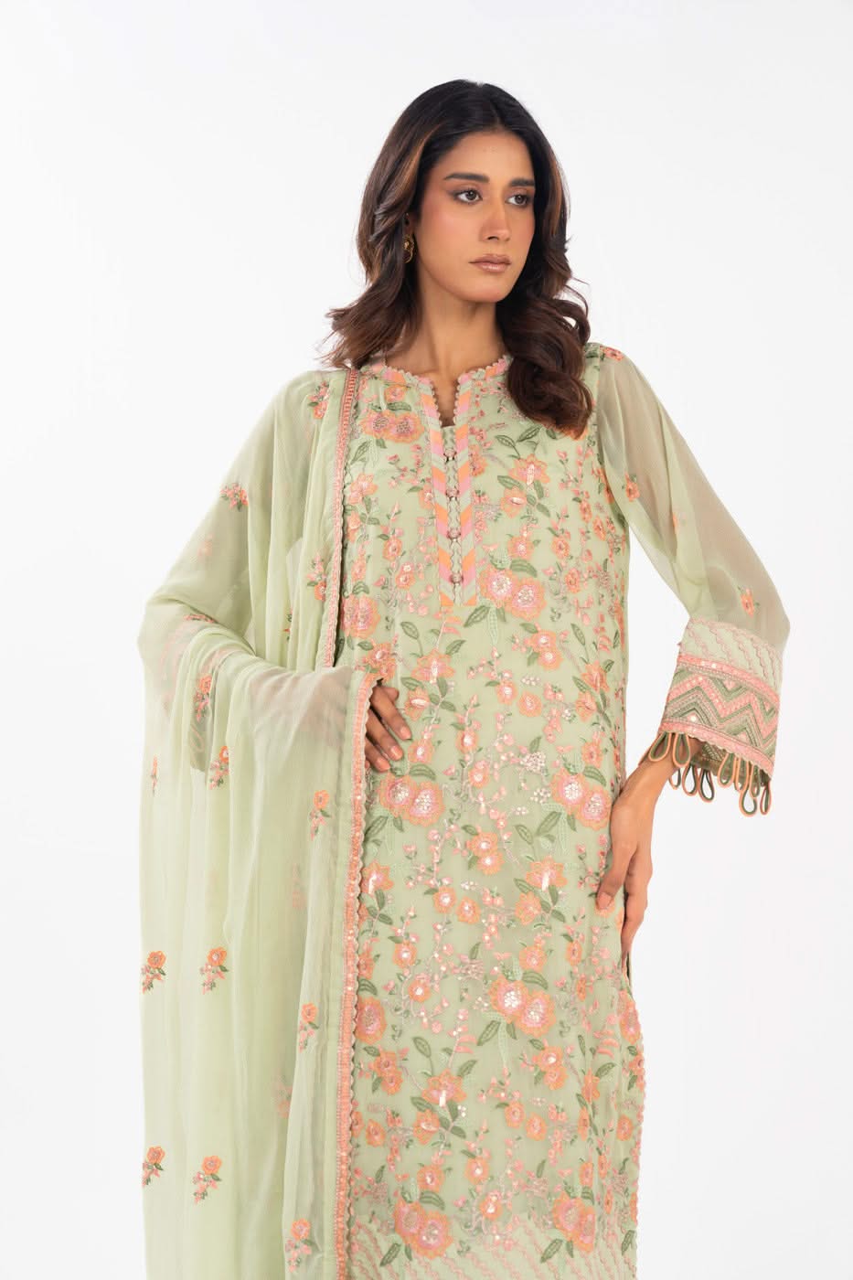AlKaram | Festive Summer 25 | FC-22I-25-Pistachio M Pistachio Green Chiffon