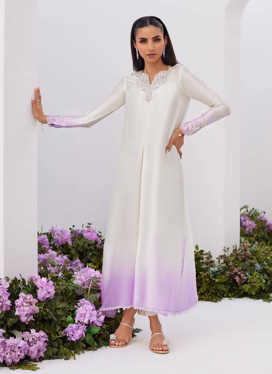 Farah Talib Aziz | Zaza Luxe Pret 24 | LIQUE SILVER OMBRE EMBELLISHED KAFTAAN CUT SHIRT - Pakistani Designer Dress - by Farah Talib Aziz | Type: Luxury - 100% Original at Saira Sultan