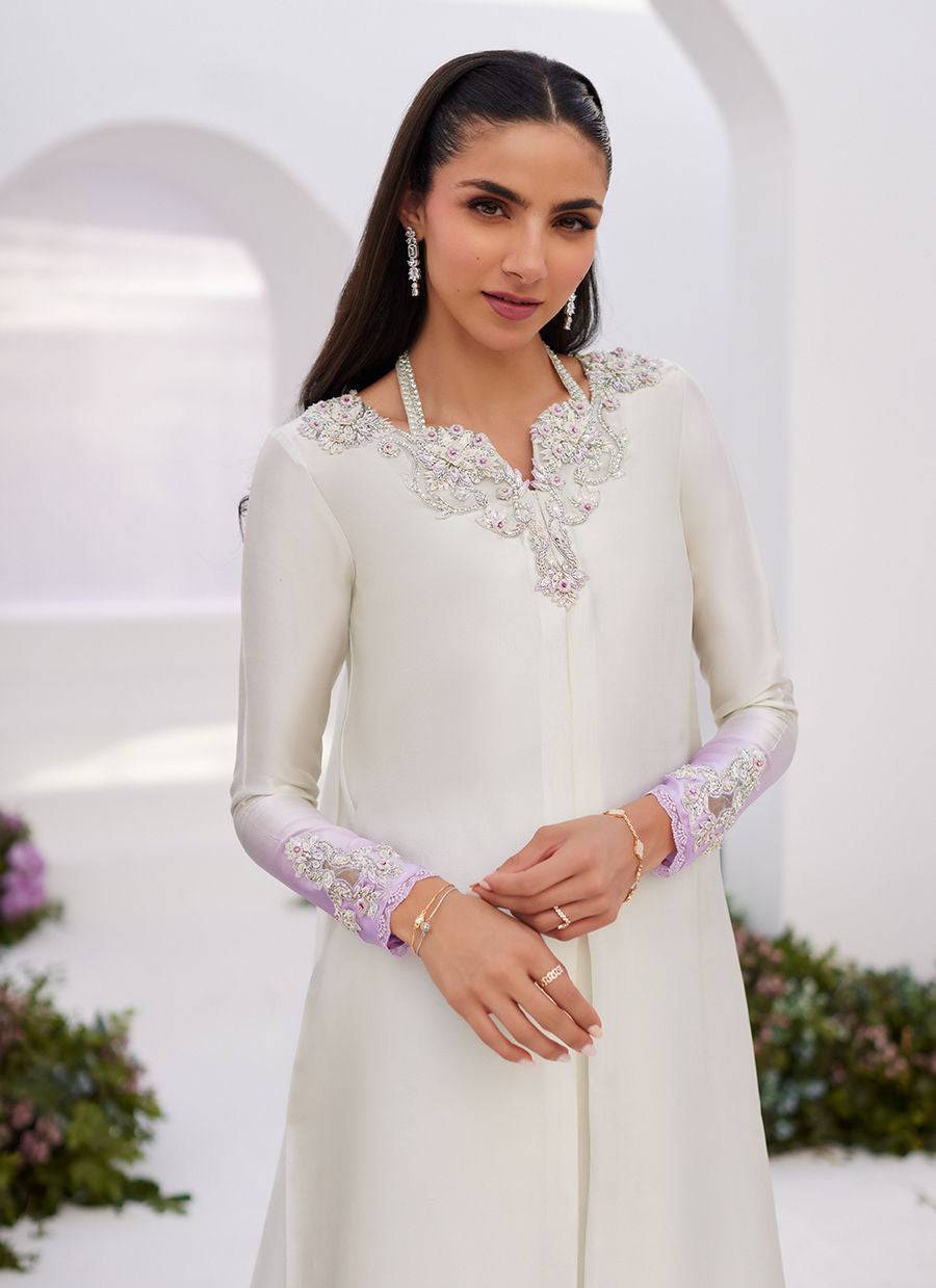 Farah Talib Aziz | Zaza Luxe Pret 24 | LIQUE SILVER OMBRE EMBELLISHED KAFTAAN CUT SHIRT - Pakistani Designer Dress - by Farah Talib Aziz | Type: Luxury - 100% Original at Saira Sultan