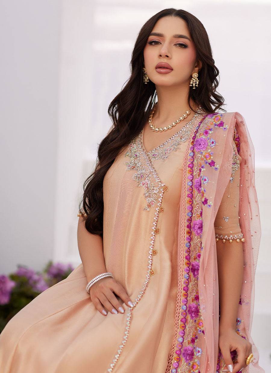 Farah Talib Aziz | Zaza Luxe Pret 24 | LISETTE FAWN EMBELLISHED RAW SILK ANGARKHA AND DUPATTA - Pakistani Designer Dress - by Farah Talib Aziz | Type: Luxury - 100% Original at Saira Sultan