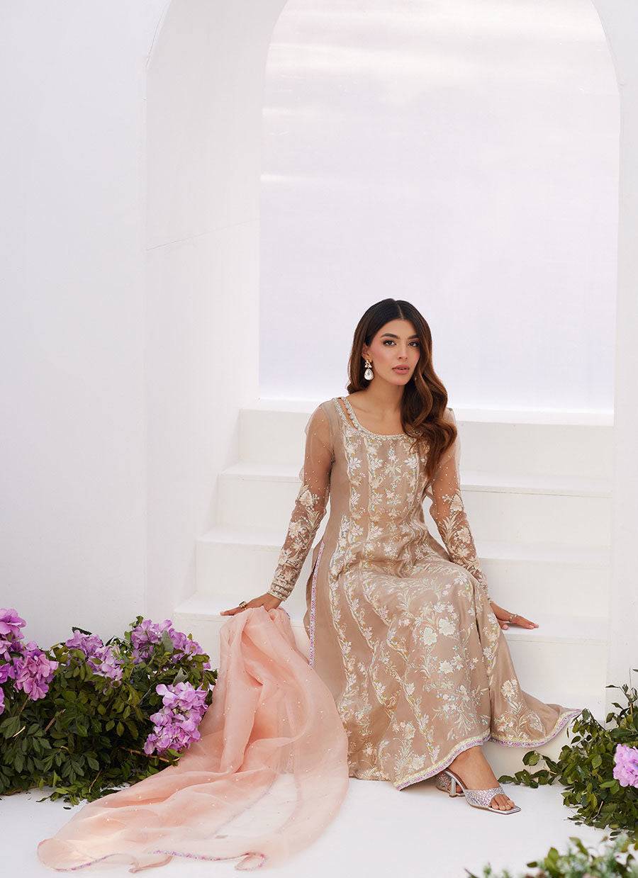 Farah Talib Aziz | Zaza Luxe Pret 24 | CHARLENE SAND EMBROIDERED KALIDAAR WITH DUPATTA - Pakistani Designer Dress - by Farah Talib Aziz | Type: Luxury - 100% Original at Saira Sultan