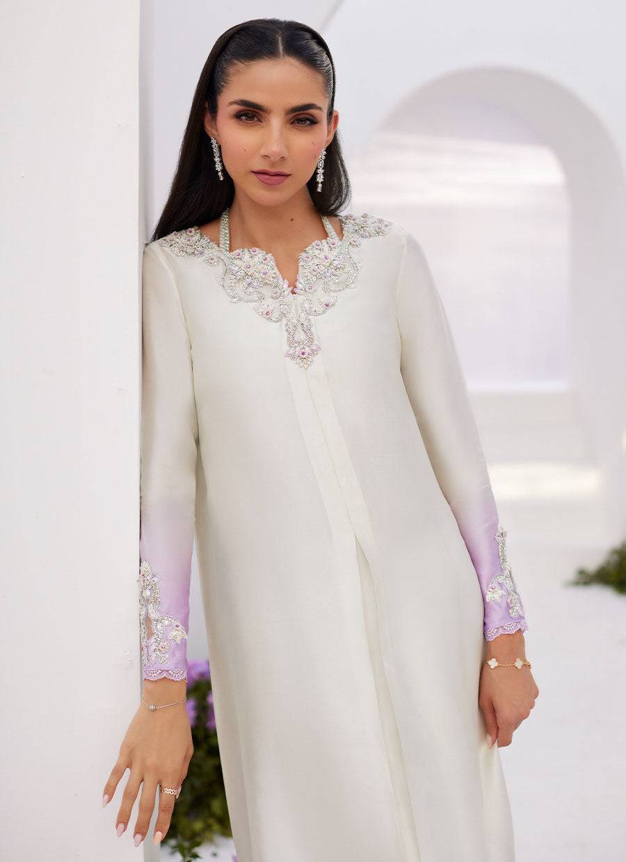 Farah Talib Aziz | Zaza Luxe Pret 24 | LIQUE SILVER OMBRE EMBELLISHED KAFTAAN CUT SHIRT - Pakistani Designer Dress - by Farah Talib Aziz | Type: Luxury - 100% Original at Saira Sultan